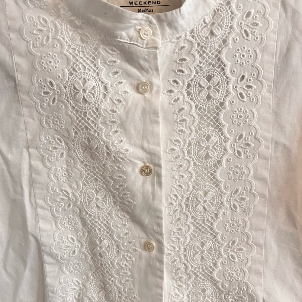 MaxMara Weekend eyelet tuxedo poplin   White Button Down Shirt with Lace‎ - Picture 2 of 5